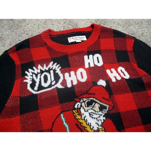 Yo! Ho Ho Ho Santa Ugly Holiday Christmas Sweater sz L red plaid hip hop run dmc - Picture 4 of 5